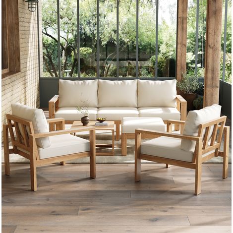 Ensemble de mobilier de jardin en bois d'acacia et polyester crème, 4-6 places, avec canapé 3 places, 2 fauteuils, repose-pieds et table (1/5)