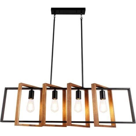 Éclairage moderne îlot de cuisine 4 lumières 90 cm Lampe suspendue moderne en métal/bois en bois rustique noir lustre salle à manger cuisine lustre en métal, E27, sans ampoules (1/5)
