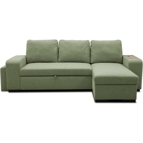 Canapé d'angle convertible réversible VALDO 3 a 4 places - Tissu Neve Sauge - Tablette avec USB - Coffre + Pouf - L247xP143xH86 cm (1/5)