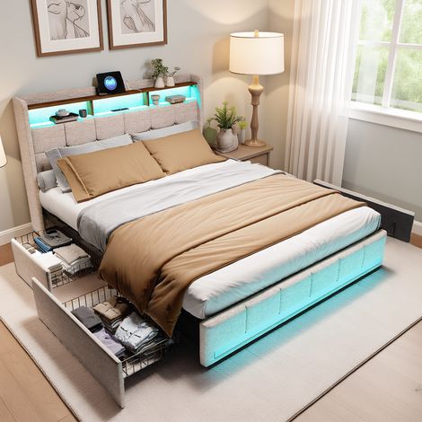 Polsterbett Doppelbett 180x200 cm, mit LED-Beleuchtung und USB-Ladestation, Modernes Jugendbett mit Kopfteil und Lattenrost, Leinen Beige, Ohne Matratze (1/5)