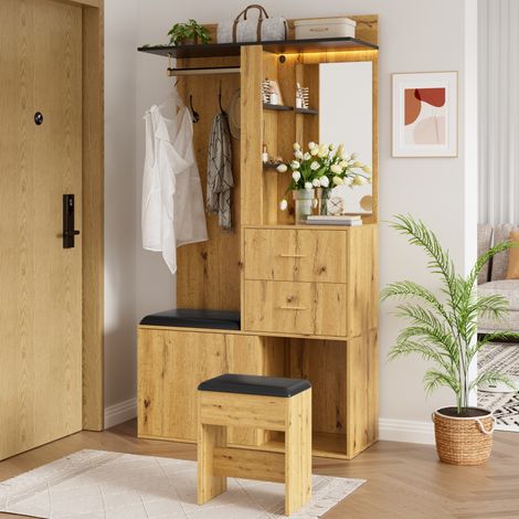 Garderobenschrank mit spiegel und led-beleuchtung 100x40x172,5cm - Flurschrank mit sitzbank schuhkipper schminktisch und hocker aus mdf moderner stil - Natur und schwarz (1/5)