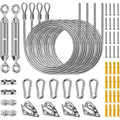 Ensemble de 52 pièces d'accessoires de quincaillerie en acier inoxydable 304 pour l'installation de voiles d'ombrage de jardin extérieur (tendeurs M6 de 15 cm x 4 câbles en acier de 2 m)