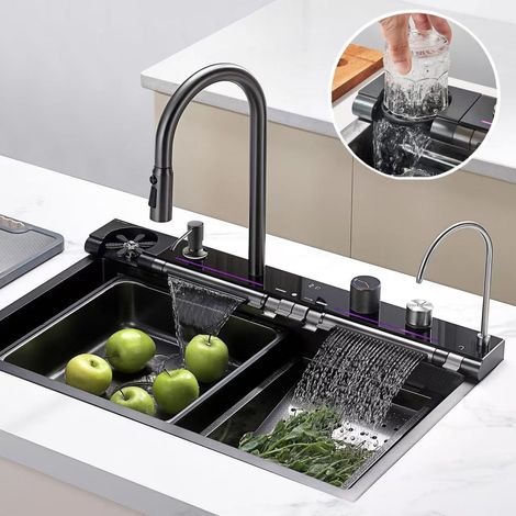 Ensemble évier de cuisine, robinet eau chaude et froide, comprenant becs cascade et pluie, acier inoxydable, 4 boutons, 75 x 45 cm (1/5)