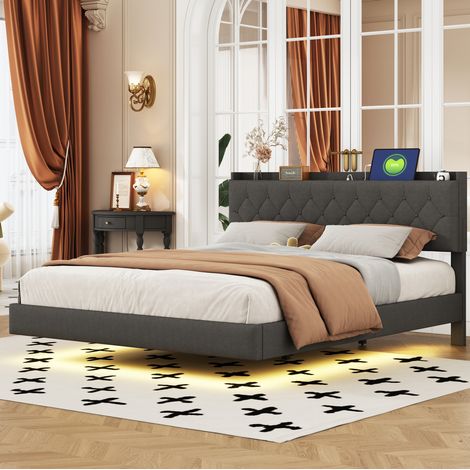 Polsterbett Stoff Grau 160x200 cm mit LED-Lichtleiste, Ladeanschluss, Stauraum und Lattenrost (1/5)