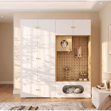 Armario para gato 180x50x200 cm en aglomerado blanco y madera, ahorro de espacio – MEUBLIV (1/5)