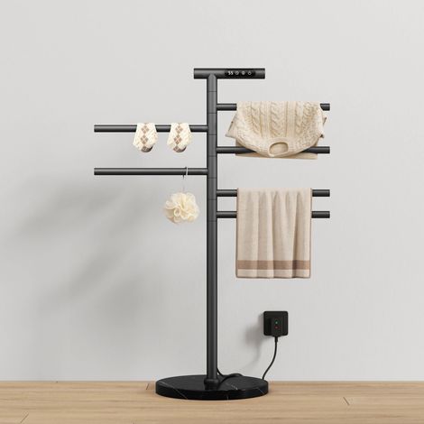EMKE Radiateur Sèche-Serviettes Électrique sur Pied 140 W, Porte-Serviettes Pivotants sur un Côté, Socle en Marbre, WiFi, Programmation Hebdomadaire, IP45, Noir Mat
