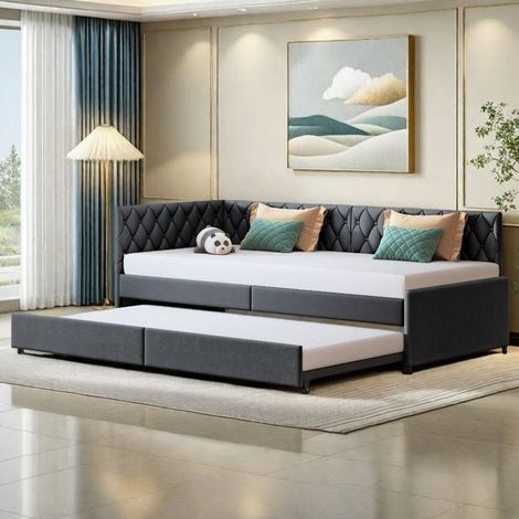 Bett gepolstert 90x200 cm, Bettgestell mit Lattenrost, Bett für 2 Personen, ausziehbares Schlafsofa, Tagesbett, Samtstoff
