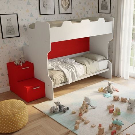 Letto a castello salvaspazio con scala a cassettoni e camminatoio - Bianco e Rosso