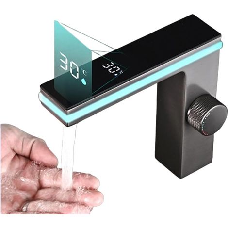 Grifo de baño inteligente, con agua fría y caliente, iluminación LED, color gris, manguera de suministro de agua incluida. (1/5)