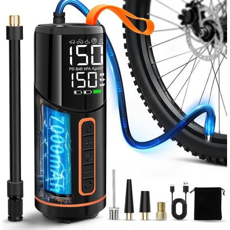 150PSI Pompe a Velo Electrique, 5000mAh Gonfleur Pneus Voiture Sans Fil, Compresseur à Air Portatif Avec Écran LED Numérique et Éclairage LED, Gonfleur Electrique Pneu pour Voiture, Vélo, Moto (1/5)