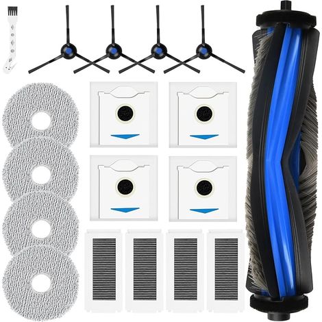 Lot de 18 Accessoires pour Robot Aspirateur Ecovacs Deebot N30 / N30 PRO OMNI, 1 Brosse Principale, 4 Serpillères, 4 Brosses Latérales, 4 Sacs à Poussière, 4 Filtres, 1 Brosse de Nettoyage (1/5)