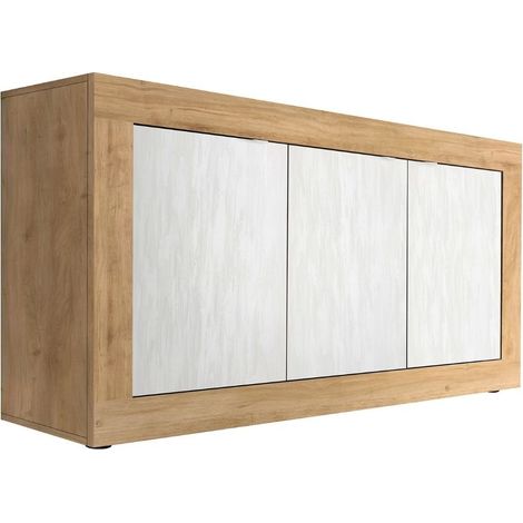 Buffet 3 portes aspect bois finition Cadiz façades blanc texturées - OTELLO (1/5)