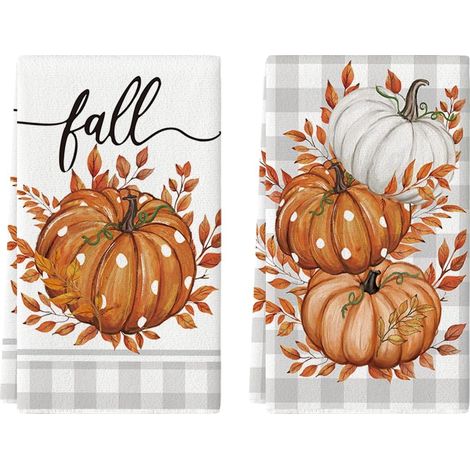Set di 2 strofinacci da cucina in poliestere con motivo a quadri in acero e zucche arancioni, autunno, 42 x 65 cm