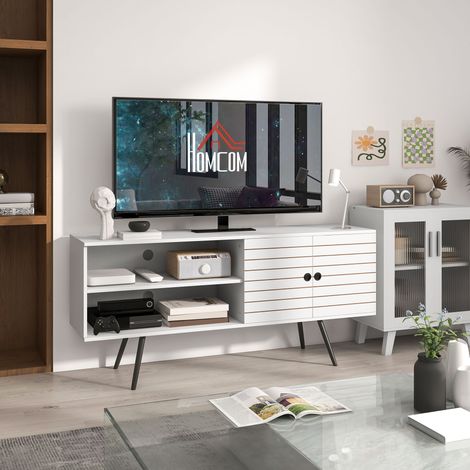 Meuble TV moderne pour téléviseurs 65 pouces avec 2 étagères ouvertes et 1 étagère réglable 145 x 38 x 65 cm Blanc