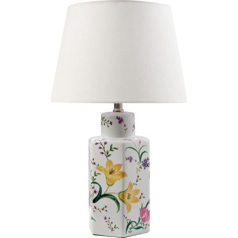 Lámpara de mesa elegante con base de porcelana con diseño floral pantalla de campana de lino iluminación blanco Cavado