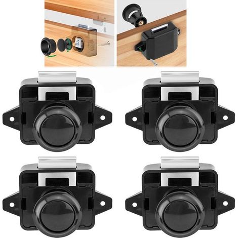 Cerraduras con pulsador - Paquete de 4 - Cerraduras para armarios con accionamiento mediante pulsador - Aptas para autocaravanas, barcos, caravanas y puertas de armarios - Color negro (1/5)
