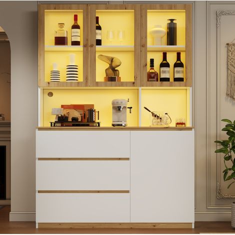 Mobile da cucina alto con LED, 120 x 200 cm, vetrina in vetro, bianco e rovere, MDF OKMYHOME (1/5)