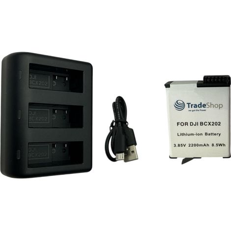 Trade-Shop 2in1 Set: Akku 2100mAh + USB-C LCD Dreifach-Ladegerät kompatibel mit DJI Osmo Action 3 / 4 / 5, BCX202, BCX204 / Action-Kamera Zubehör (1/5)