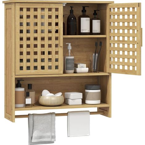 Meuble de salle de bain mural en bambou avec 2 portes à croisillons, étagère ouverte et étagère réglable, naturel (1/5)