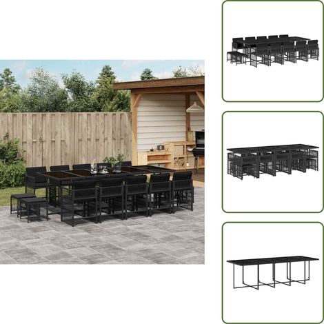 The Living Store 15-tlg. Garten-Essgruppe mit Kissen Schwarz Poly Rattan - Garten Möbel Set - Outdoor Esstisch - Garten Essgruppe - Terrassenmöbel - Rattan Gartenmöbel