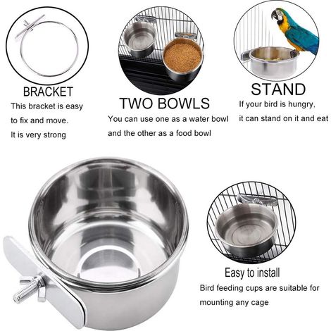 2 mangeoires pour oiseaux en acier inoxydable avec support à pince, pour perroquets, aras, calopsittes, conures, perruches, chinchillas et petits animaux (1/5)
