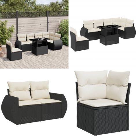 Salon de jardin 7 pcs avec coussins noir résine tressée - Ensemble Salon De Jardin - Meuble Extérieur - Jardin Design - Mobilier Résistant Aux Intempéries - Chaise Lounge - Home & Living (1/5)