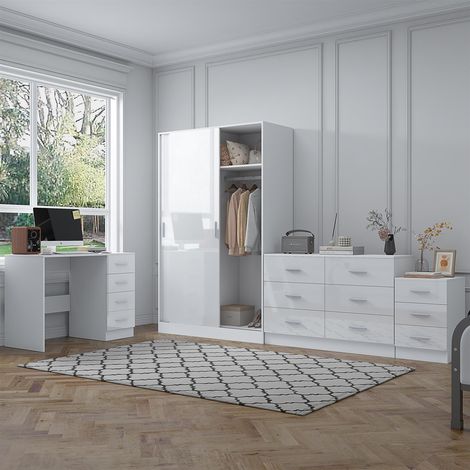 Reflect 2 Door Sliding Wardrobe, 6 Drawer Wide Chest, 3 Drawer Bedside, 4 Drawer Desk - White Gloss & Matt White - Modern Bedroom Furniture Set