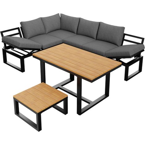 Ensemble Salon de Jardin 6 Pièces sans Accoudoirs, Canapé d'Angle à Dossier Réglable avec Table et Table Basse, Structure Métallique Résistante aux Intempéries, Coussins Gris pour Balcon et Terrasse (1/5)