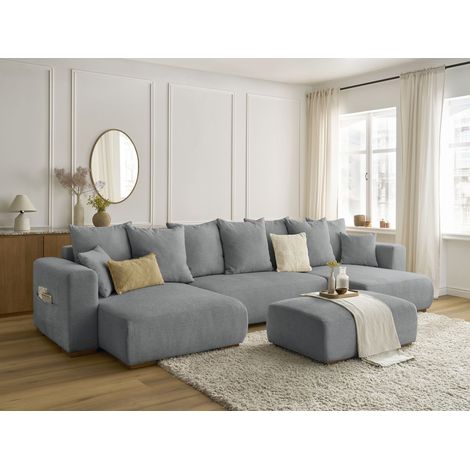 BOBOCHIC - Canapé panoramique convertible coffre SIDONIE tissu chiné avec pouf   Gris foncé (1/5)