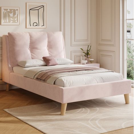 Cama tapizada rosa de terciopelo 90x200 cm con cabecero regulable y somier de láminas (1/5)