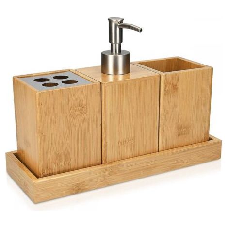 Ensemble d'accessoires de salle de bain - Accessoires de salle de bain en bambou - Porte-brosse à dents - Distributeur de savon - Support
