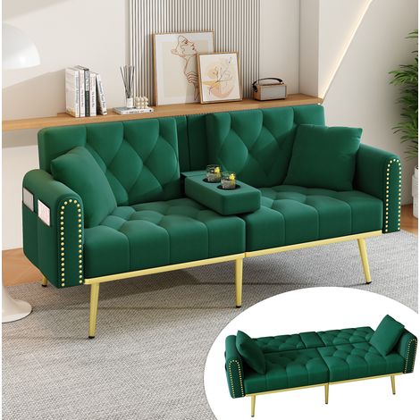 2-Sitzer-Schlafsofa mit 3-fach verstellbarer Rückenlehne, Becherhalter, grüner Samt HAVRYA (1/5)