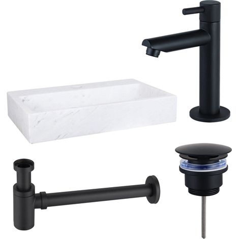 Fortifura Fuente Pack Lave-mains - 38x24x8cmcm - 1 trou de robinet - marbre - robinet Noir mat - Blanc