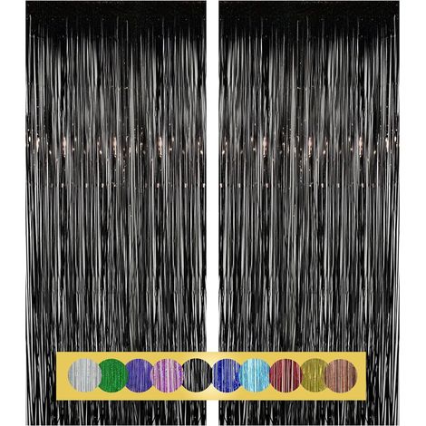 2 Stück 1 x 2 m schwarzer Fransenvorhang aus metallischer Glitzerfolie, Vorhangdekoration für Silvester, Geburtstage, Hochzeitsfeiern  Fransen zur Dekoration