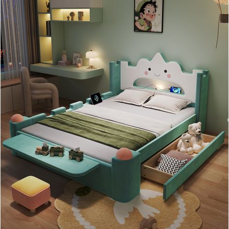 Kinderbett 240 x 172,5 x 106 cm in blaugrünem Samt mit LED/USB, ohne Matratze – MEUBLIV (1/5)
