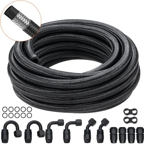 Kit Tuyau d'Essence 6AN Durite Essence Ø 14 mm Longueur 6,1 m Tressée en Nylon et Inox Conduite de Carburant Gasoil avec 12 Adaptateurs Raccords Pivotants pour Moteur Voitures Motos Tracteurs (1/5)