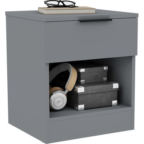 Trega 1 Drawer Bedside Table Nightstand Bedroom Storage, H 41 x W 39 x D 28 cm, Grey
