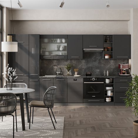 Küchenzeile Fame-Line, Anthrazit Hochglanz, 355 cm ohne Arbeitsplatte, Vicco