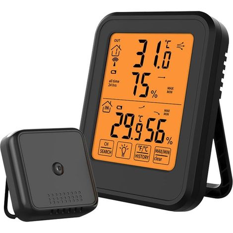 Digital Hygrometer Thermometer, Indoor Outdoor Hygrometer Thermometer with Wireless Outdoor Sensor, Black (1/5)