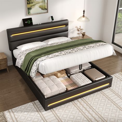 Premium Black PU Storage Bed - Adjustable LED Headboard & Fast Charging 4ft6 Double