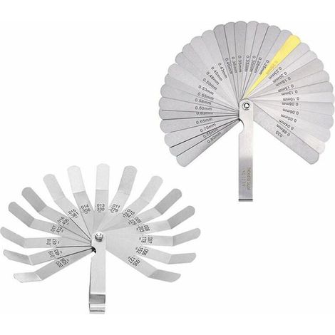 Juego de 2 calibradores de espesores, 32 hojas métricas imperiales y 16 hojas de acero al manganeso para una medición precisa del intervalo de espesor. (1/3)