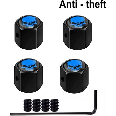 (Crâne noir et bleu) 4 bouchons de valve antivol pour pneus de voitures, camions et motos. Bouchon de valve en forme de doigt d'honneur, joint anti-poussière et verrouillage étanche. (1/5)