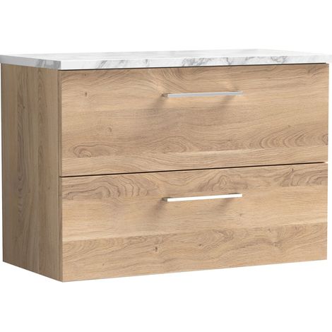 Nuie Arno Wall Hung 2-Drawer Vanity Unit with Carrera Marble Worktop 800mm Wide - Bleached Oak (1/4)