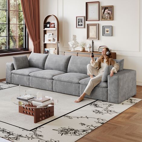 Canapé Cloud 340 cm velours côtelé, double couche, housse amovible, sans montage – salon, chambre, bureau, appartement, gris foncé (1/4)