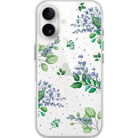 Custodia per iPhone 16, trasparente, in silicone flessibile, con fiori viola (1/5)