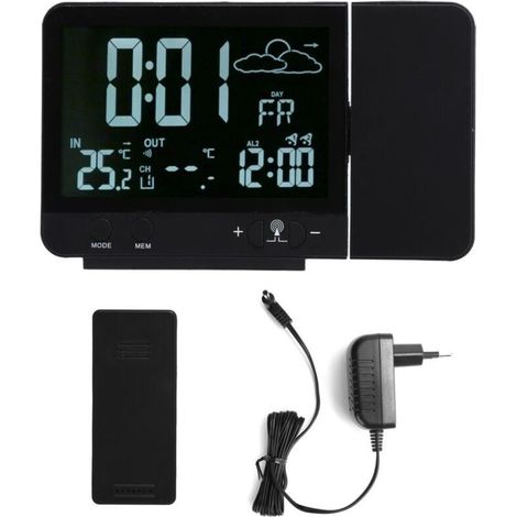 Horloge réveil avec projection, thermomètre hygromètre sans fil intérieur/extérieur, jauge de température et d'humidité. Alimentation EU 230V.
