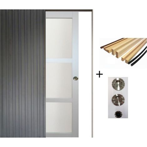 Porte Coulissante Greyria Gris Clair Vitrée H204 X L93 Cm, Galandage, Kit Finition (coquille Et Tire Doigt) Gd Menuiseries