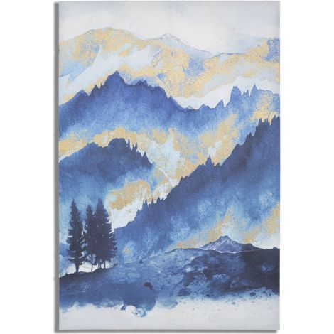 Stampa dipinta Mountain Tree paesaggio montano blu e oro su tela 80x120 cm