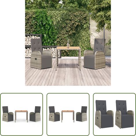 Gartenessgruppe - 3-tlg. Garten-Essgruppe mit Kissen Grau Poly Rattan (1/5)