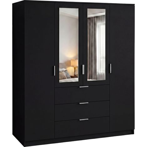Trega 4 Door 3 Drawer Mirrored Wardrobe with Spacious Storage and Hanging Rail in Black